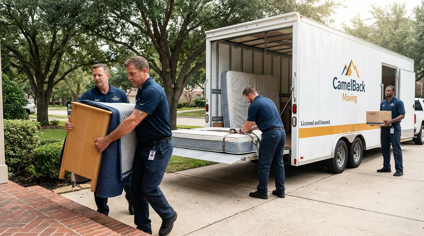 Crew loading residential truck for cross-state move from Galt, CA