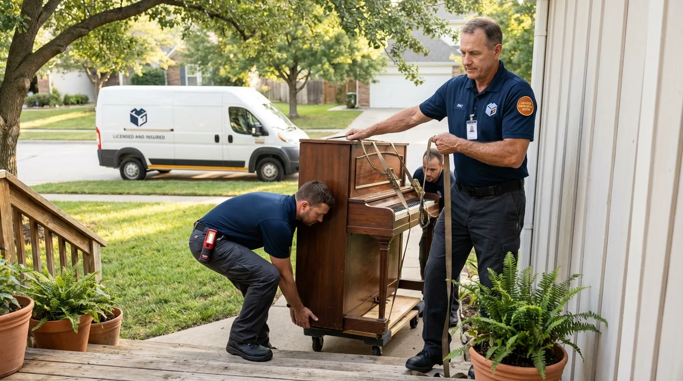 Licensed piano movers securing grand piano in Galt, CA
